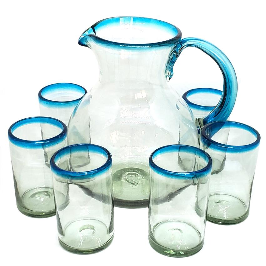 MEXICAN GLASSWARE / Aqua Blue Rim 120 oz Pitcher and 6 Drinking Glasses set / Transport yourself to the caribbean with this beautiful set of pitcher and glasses with an aqua blue rim.
